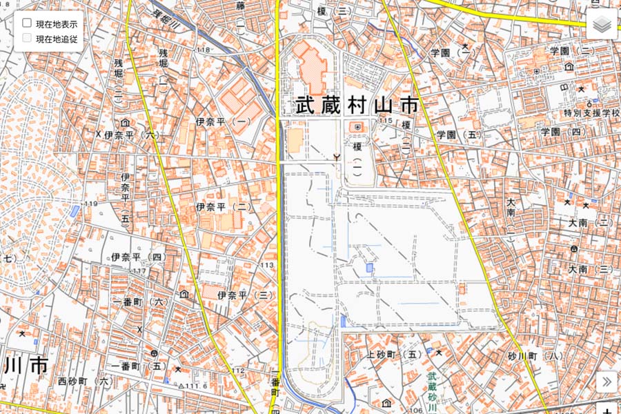 現在の「日産村山工場」周辺の地図（画像：国土地理院）