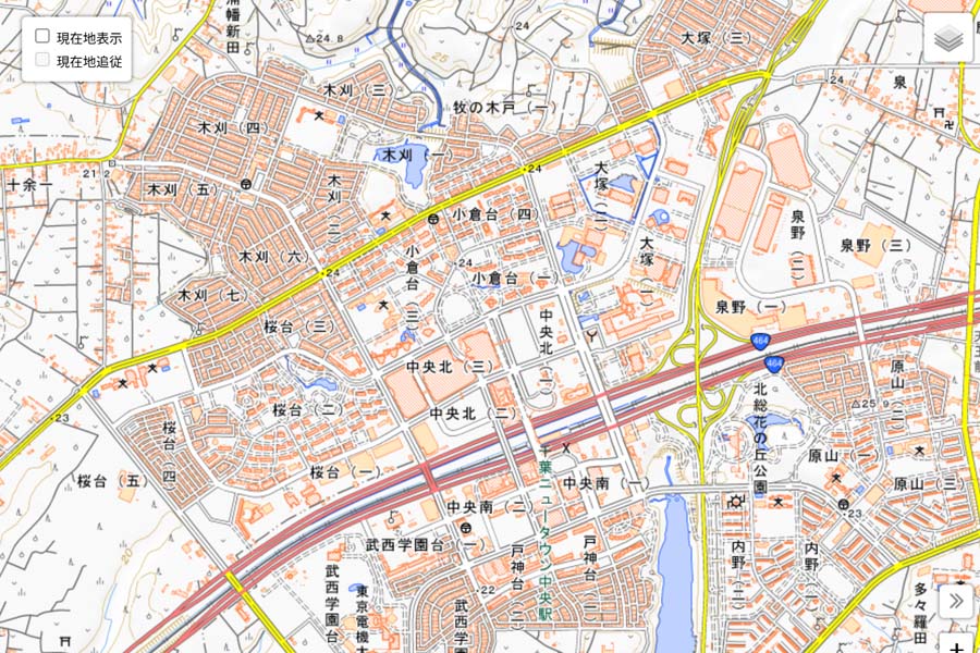 印西市の拠点都市、現在の「千葉ニュータウン」の地図（画像：国土地理院）