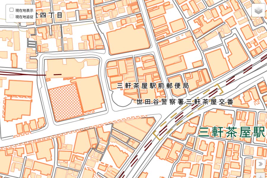 現在の「三軒茶屋駅」周辺の地図（画像：国土地理院）