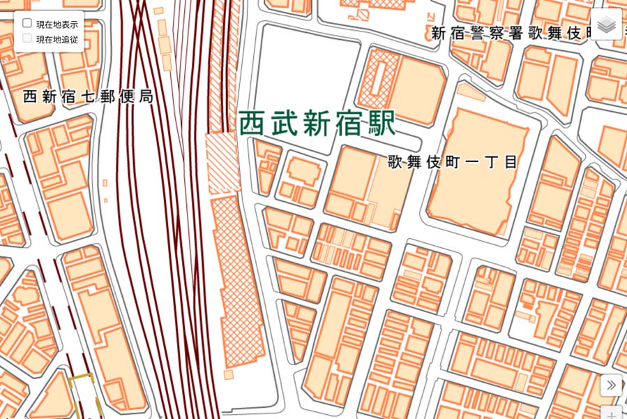 現在の「西武新宿駅」周辺の地図（画像：国土地理院）