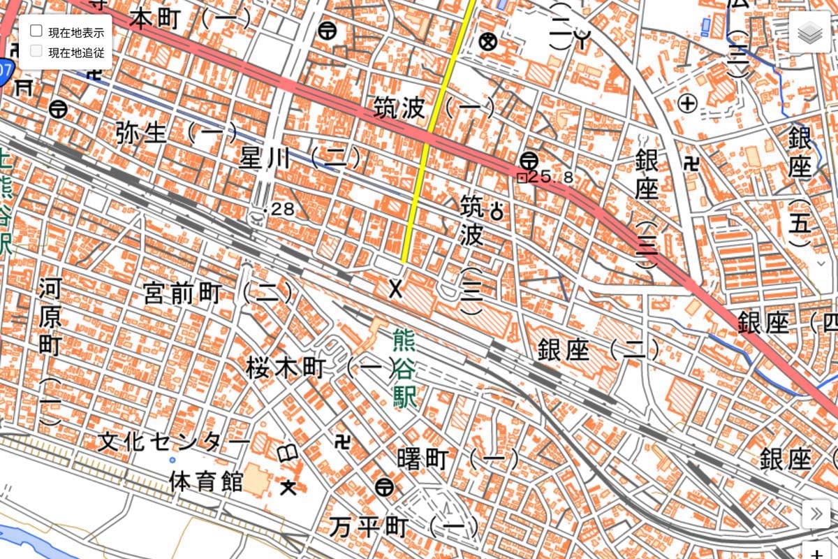 現在の「熊谷駅」周辺の地図（画像：国土地理院）