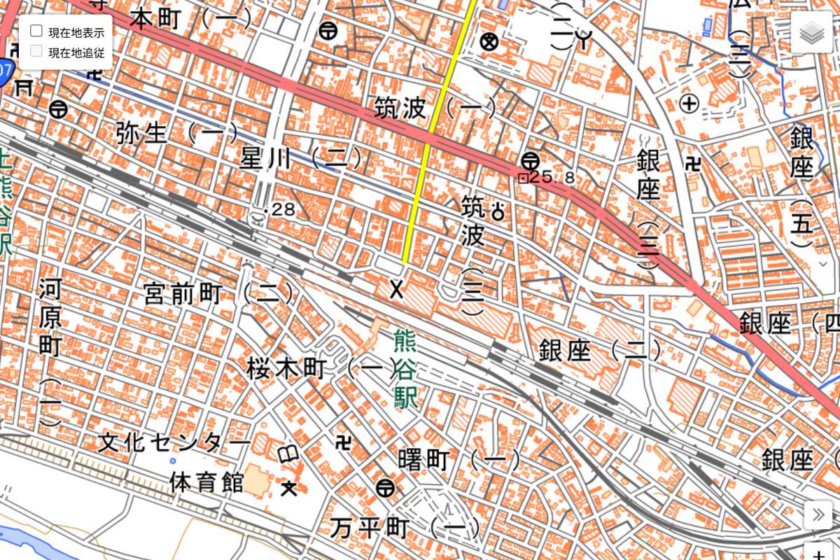 現在の「熊谷駅」周辺の地図（画像：国土地理院）