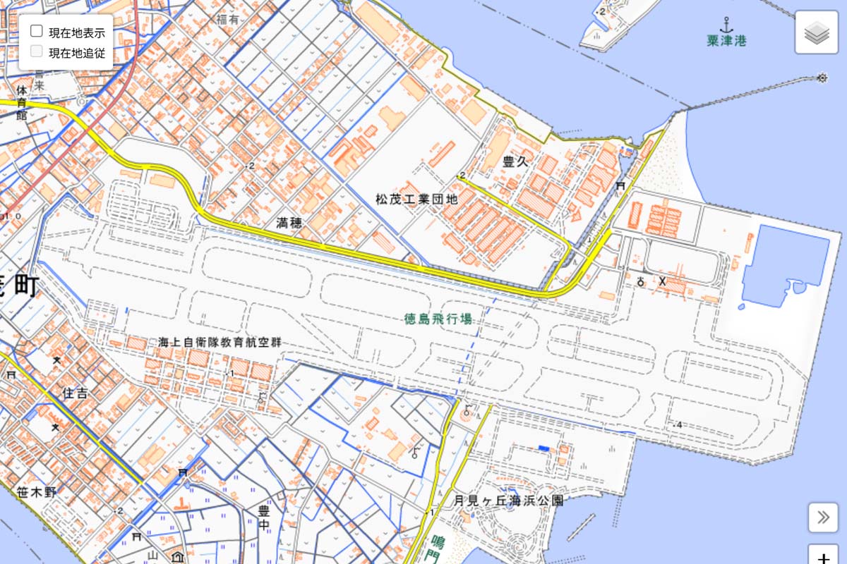 現在の「徳島空港」周辺の地図（画像：国土地理院）