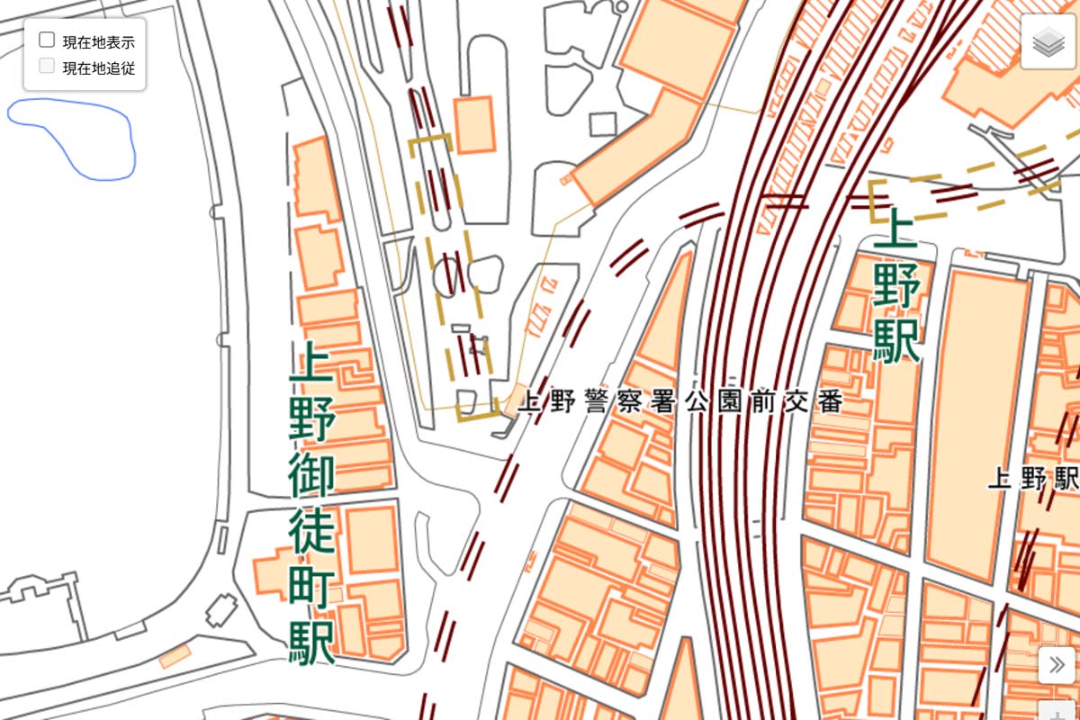 現在の「京成上野駅」周辺の地図（画像：国土地理院）