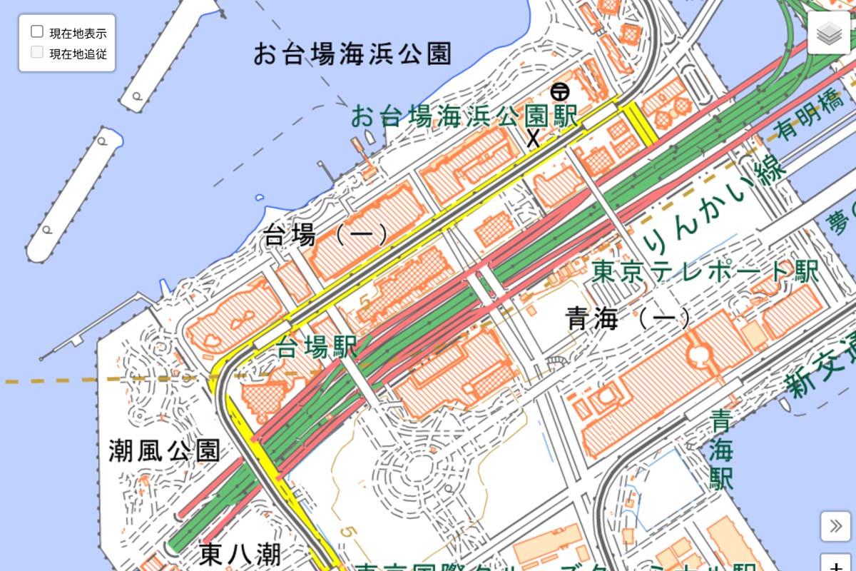 現在の「お台場」周辺の地図（画像：国土地理院）