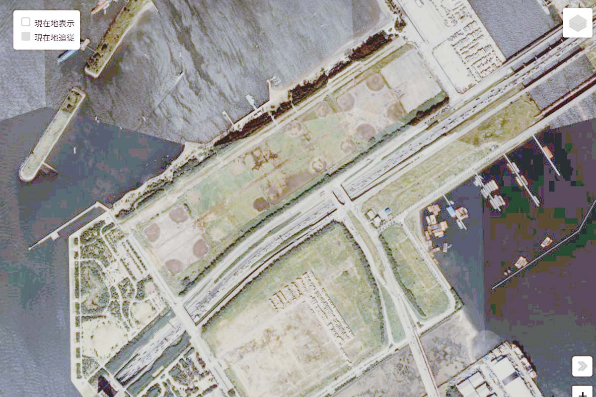 1990年頃の「お台場」周辺の航空写真（画像：国土地理院）
