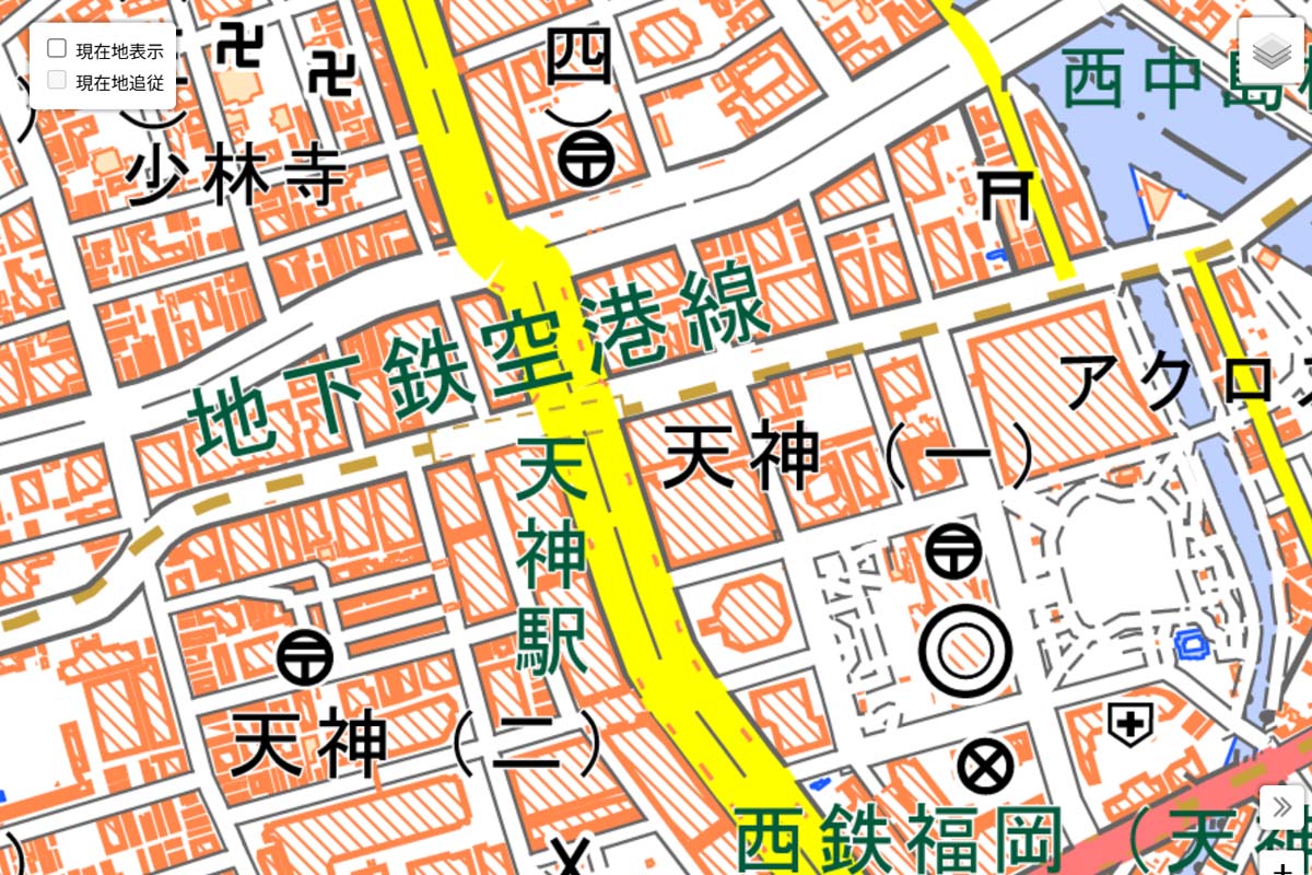 現在の「天神駅」周辺の地図（画像：国土地理院）