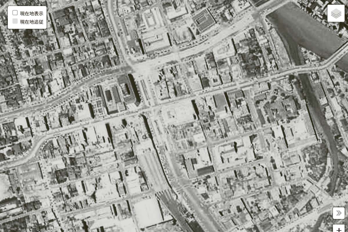 1963年頃の「天神駅」周辺の航空写真（画像：国土地理院）