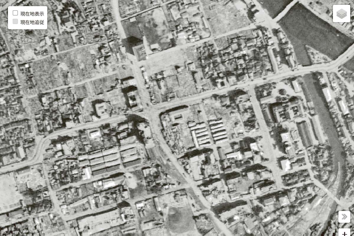 1947年頃の「天神駅」周辺の航空写真（画像：国土地理院）