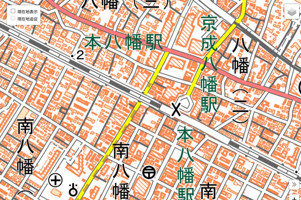 現在の「本八幡駅」周辺の地図（画像：国土地理院）