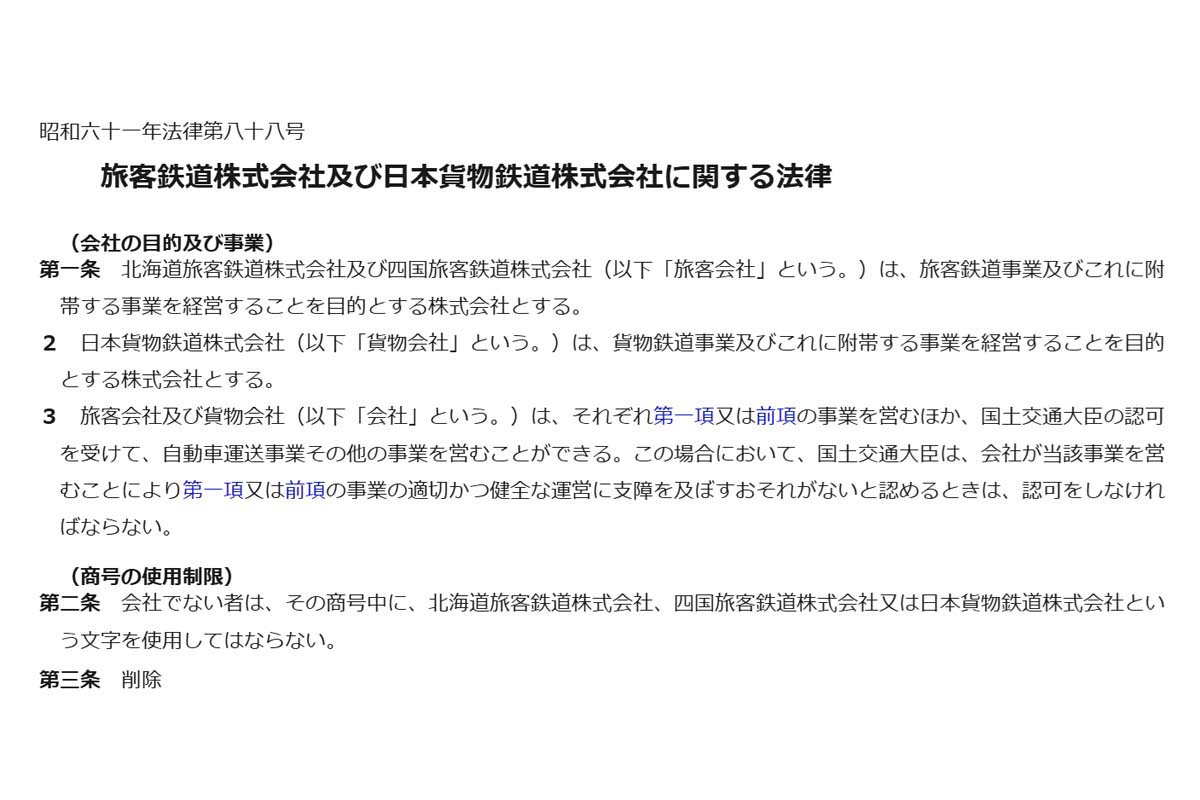 「旅客鉄道株式会社及び日本貨物鉄道株式会社に関する法律（昭和61年法律第88号）」（画像：e-Gov 法令検索）