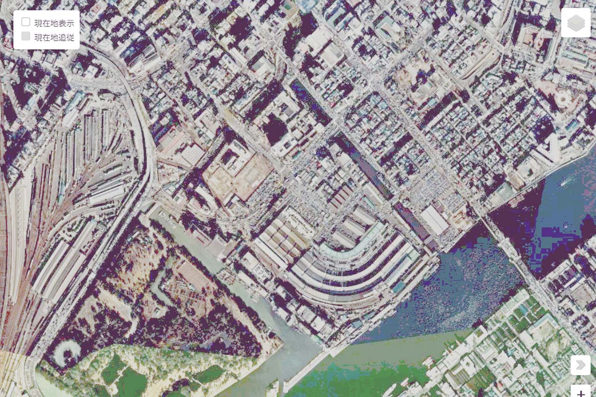 1975年頃の「築地」周辺の航空写真（画像：国土地理院）