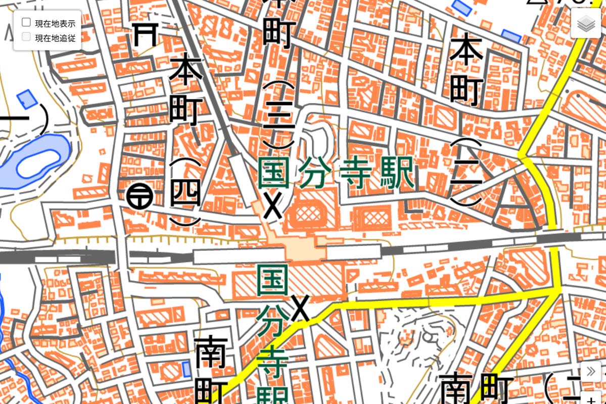 現在の「国分寺駅」周辺の地図（画像：国土地理院）