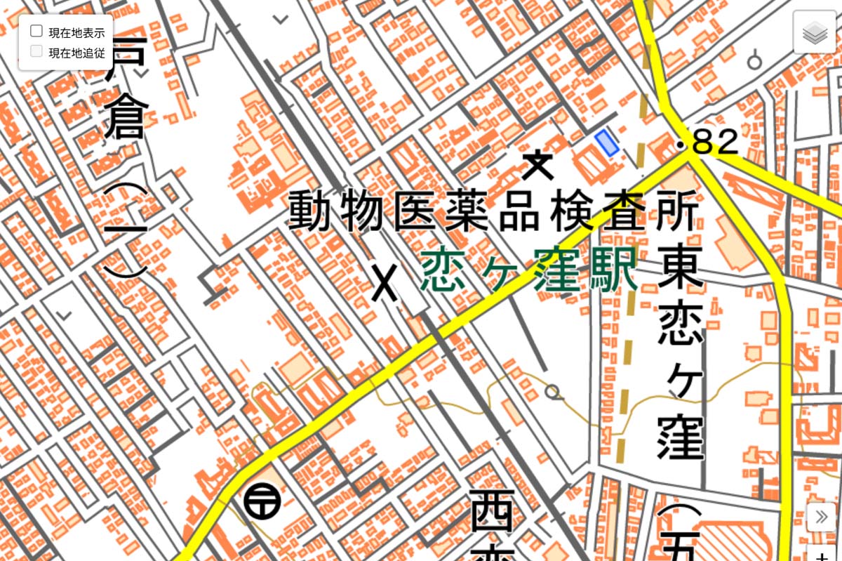 現在の「恋ヶ窪駅」周辺の地図（画像：国土地理院）