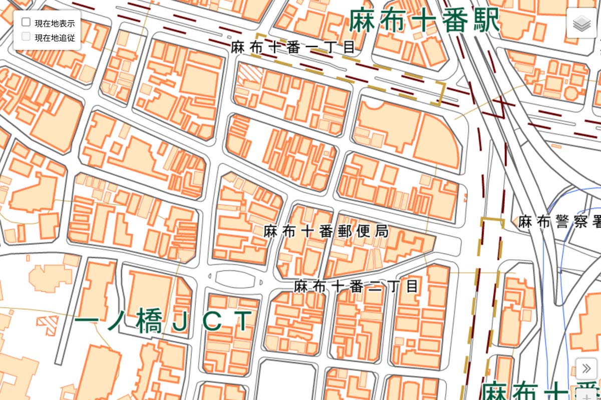 現在の「麻布十番駅」周辺の地図（画像：国土地理院）