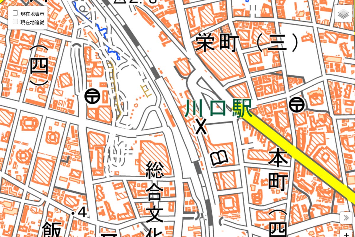 現在の「川口駅」周辺の地図（画像：国土地理院）
