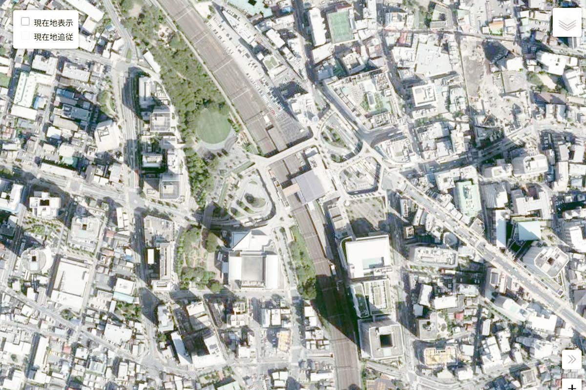 現在の「川口駅」周辺の航空写真（画像：国土地理院）