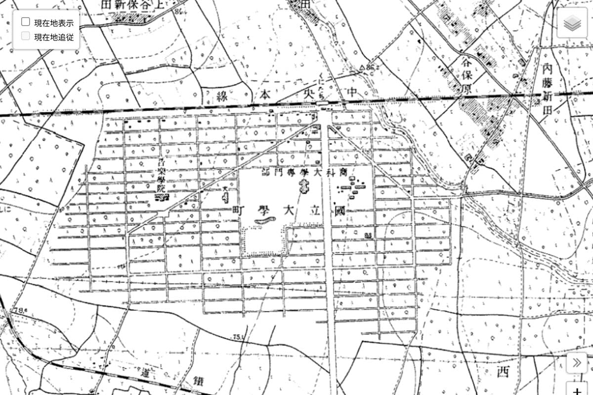 1930年ごろの国立駅周辺の様子（画像：国土地理院）