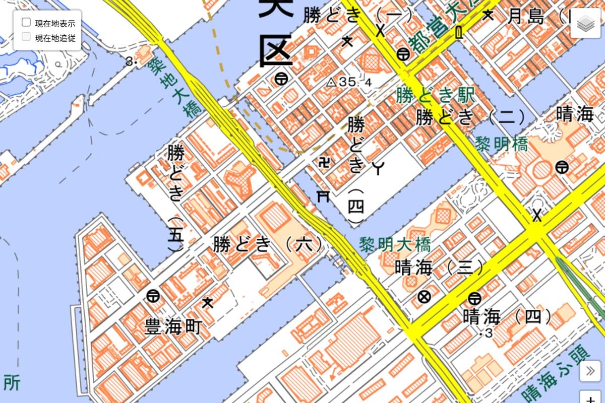 現在の「勝どき・晴海エリア」周辺の地図（画像：国土地理院）