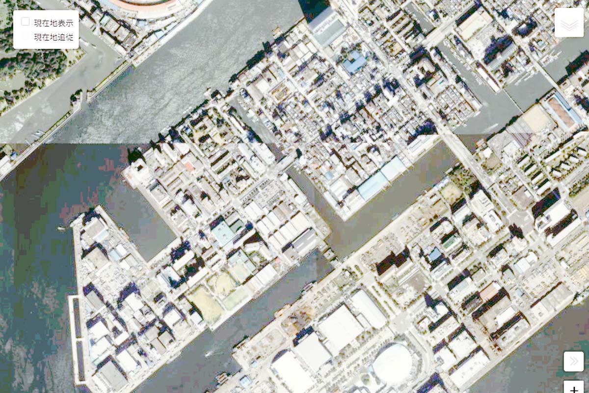 1990年頃の「勝どき・晴海エリア」周辺の航空写真（画像：国土地理院）