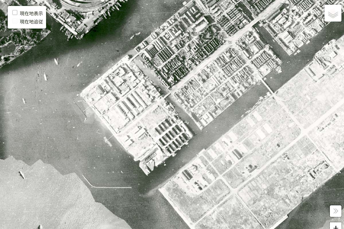 1947年頃の「勝どき・晴海エリア」周辺の航空写真（画像：国土地理院）