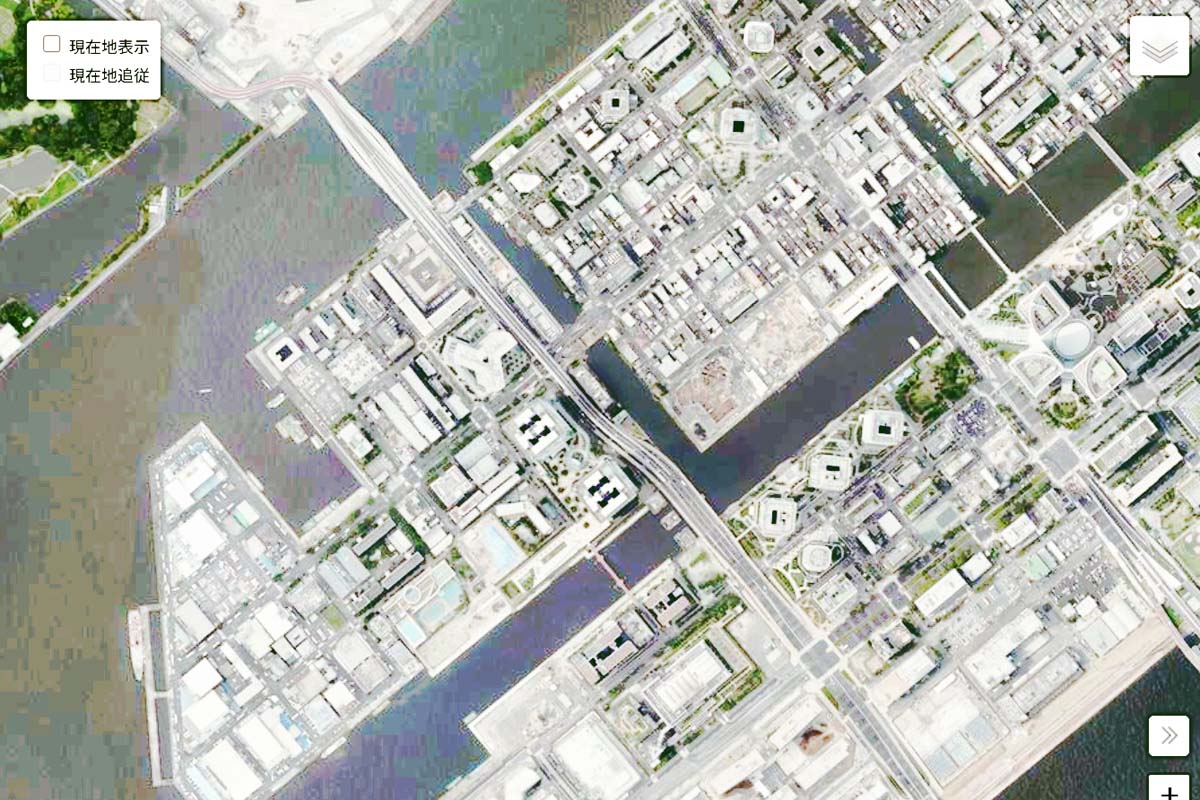 現在の「勝どき・晴海エリア」周辺の航空写真（画像：国土地理院）