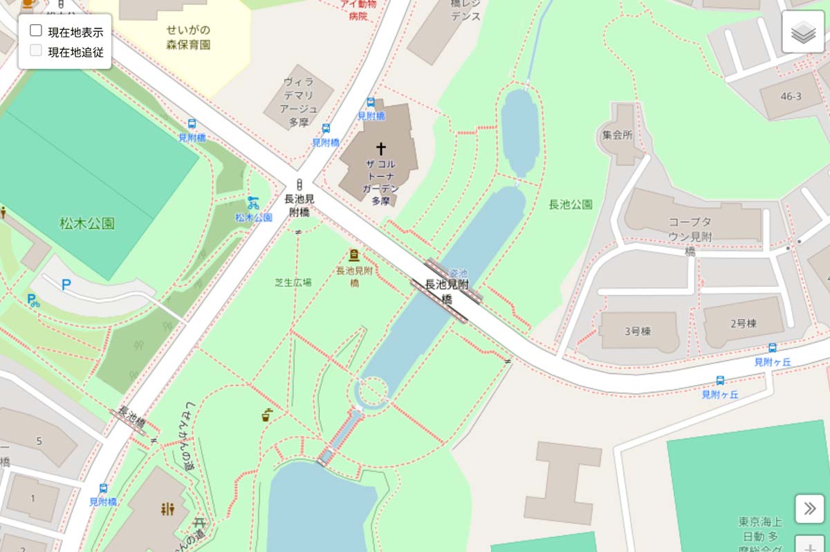 現在の「長池見附橋」周辺の地図（画像：OpenStreetMap）