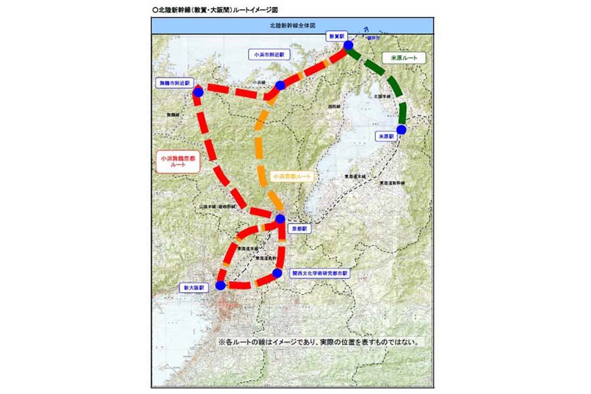 2016年の大阪延伸ルート決定時に候補となった3ルート（画像：国土交通省）