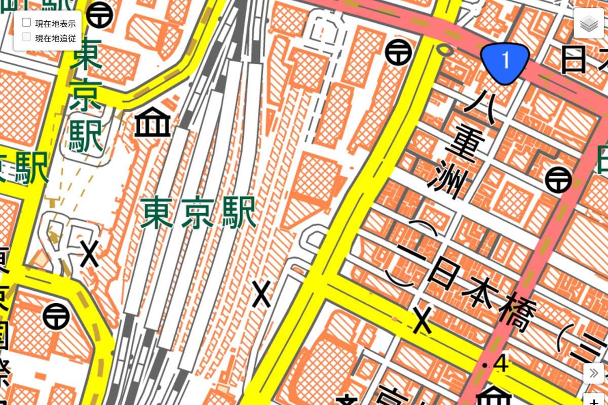 現在の「東京駅」周辺の地図（画像：国土地理院）