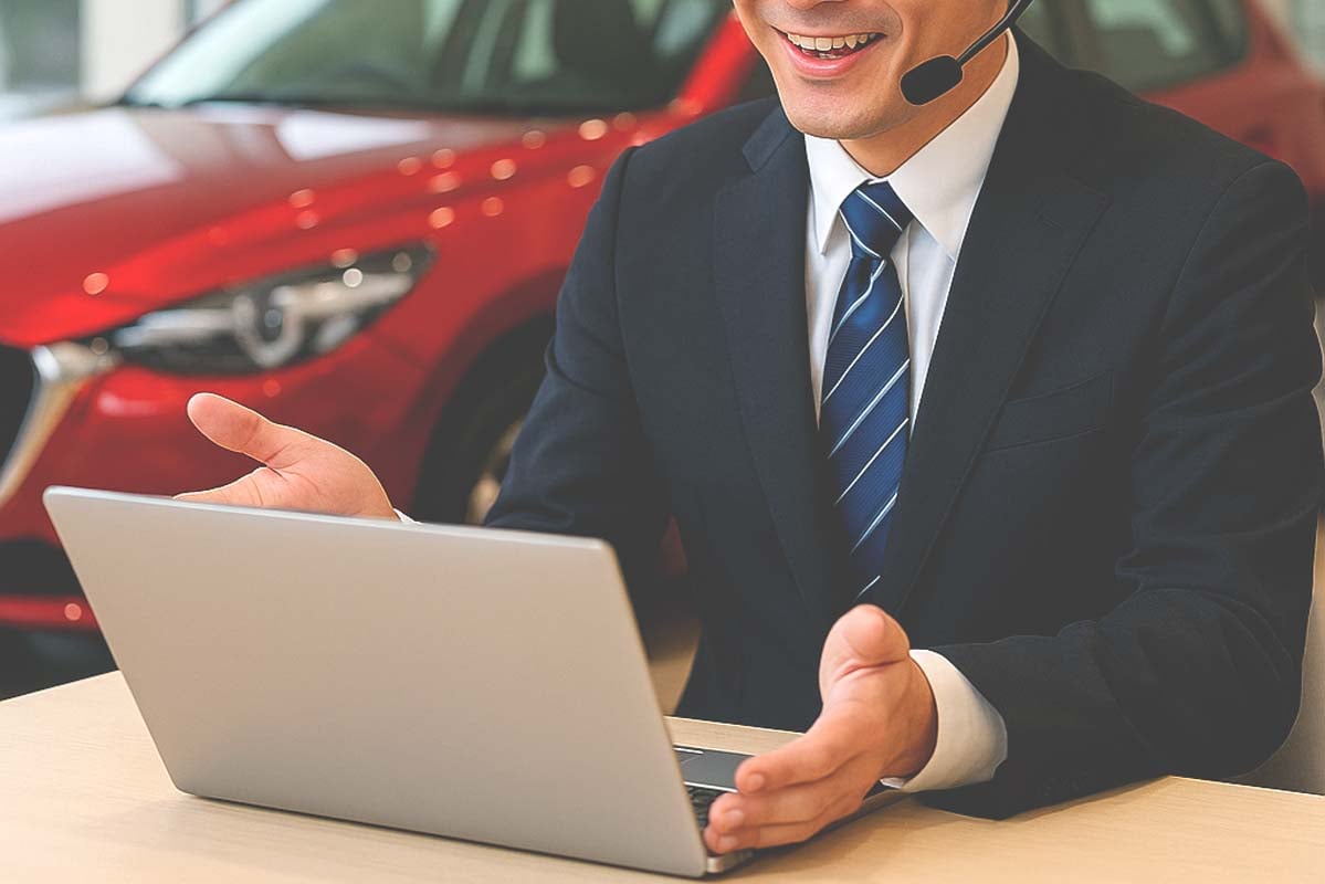 オンライン商談を行う自動車ディーラーのイメージ。生成AIで作成。