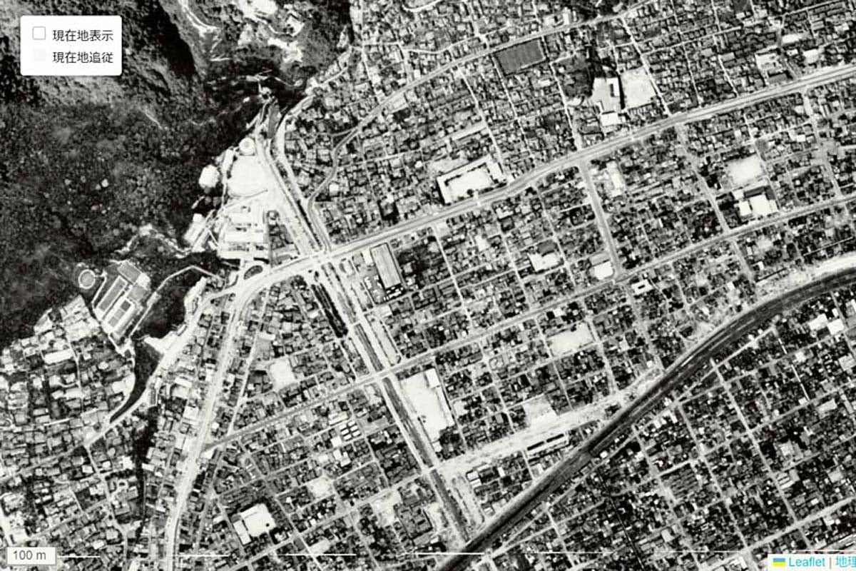 1963年頃に撮影された「新神戸駅」周辺の航空写真（画像：国土地理院）