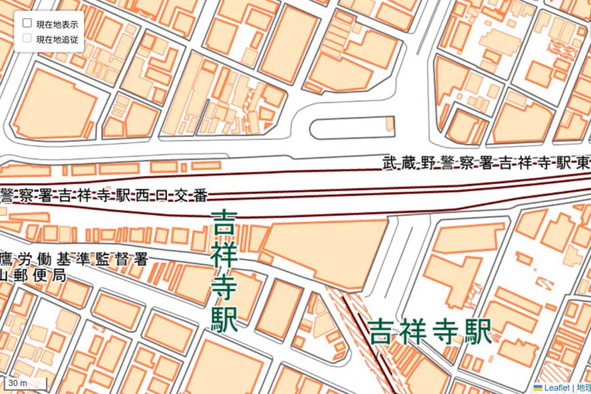 現在の吉祥寺駅周辺の地図（画像：国土地理院）