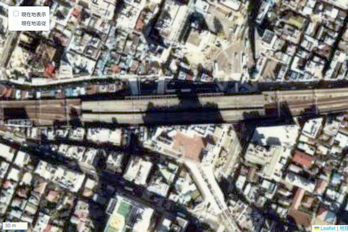 1980年頃の吉祥寺駅周辺の航空写真（画像：国土地理院）