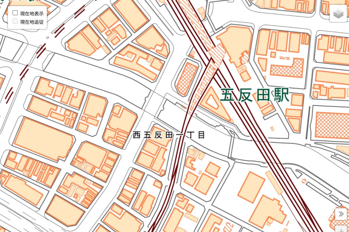 現在の東急「五反田駅」周辺の地図（画像：国土地理院）
