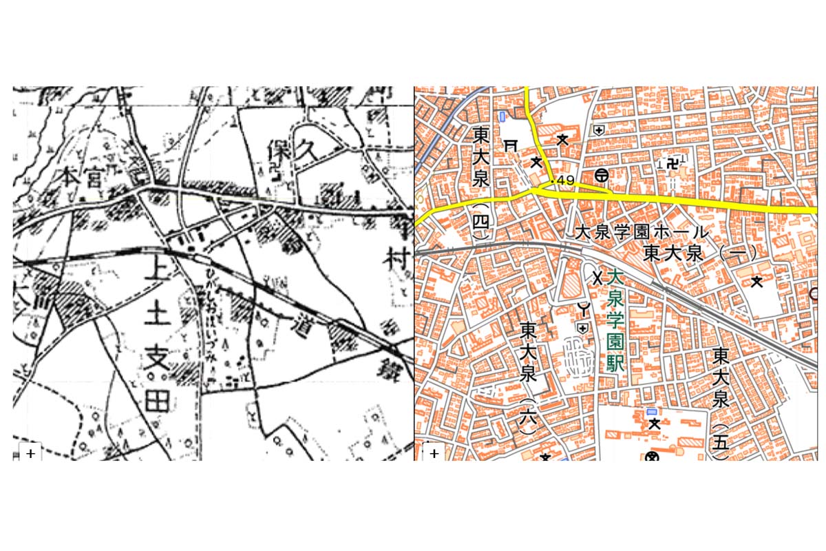 左は1929（昭和4）年に発行された地図（画像：国土地理院、今昔マップ）