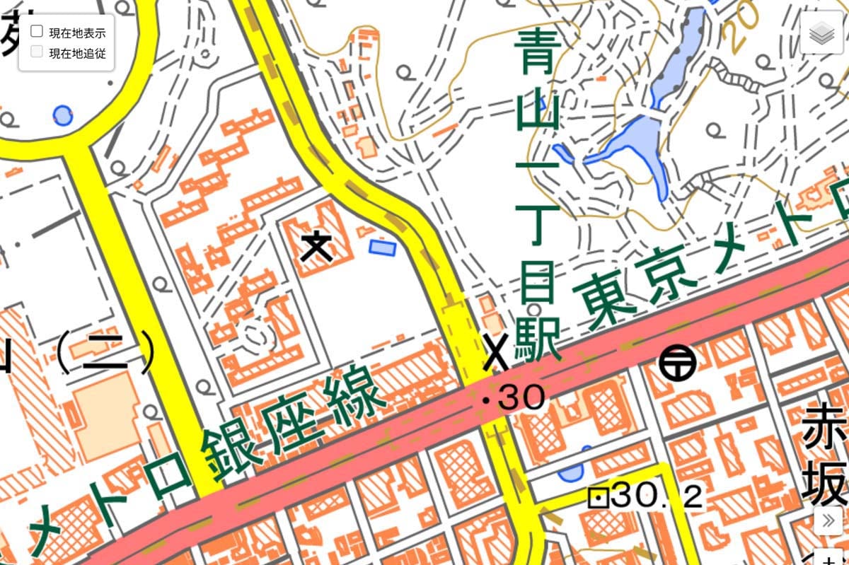現在の「青山一丁目駅」周辺の地図（画像：国土地理院）