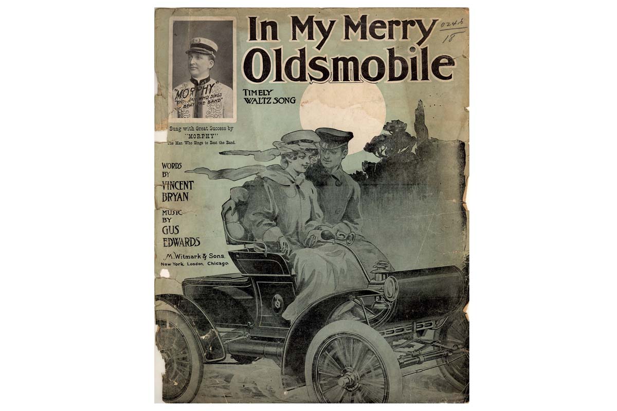オールドモビル・カーブド・ダッシュの自動車が登場する「In My Merry Oldsmobile」の楽譜。