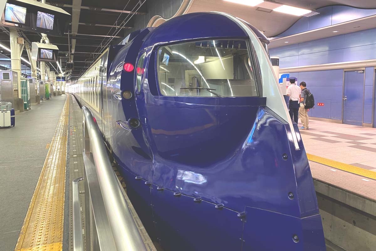 大勢の訪日客を乗せて南海難波駅に到着した南海電鉄の特急「ラピート」（画像：高田泰）
