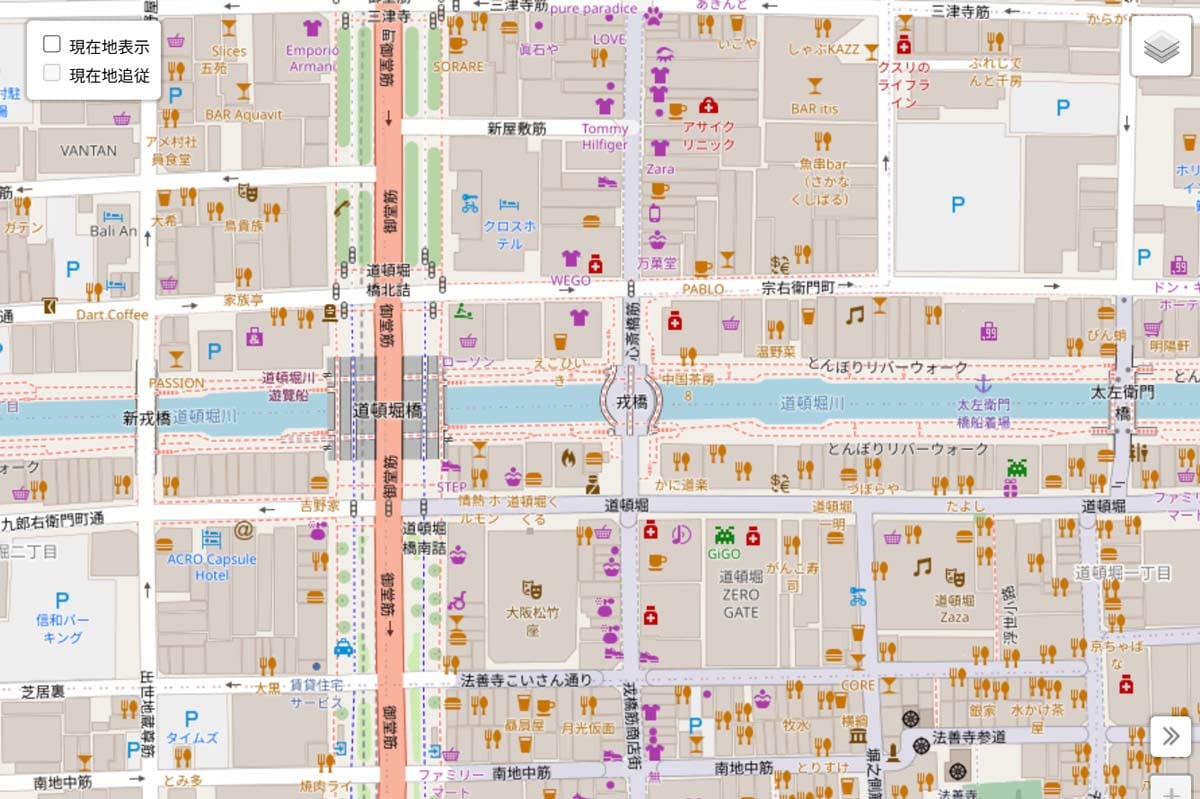 現在の「戎橋」周辺の地図（画像：国土地理院）