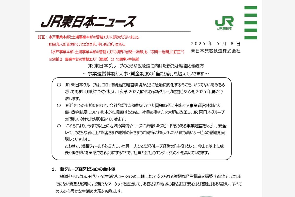 JR東日本による36事業体制に向けた公式リリース(画像:JR東日本)