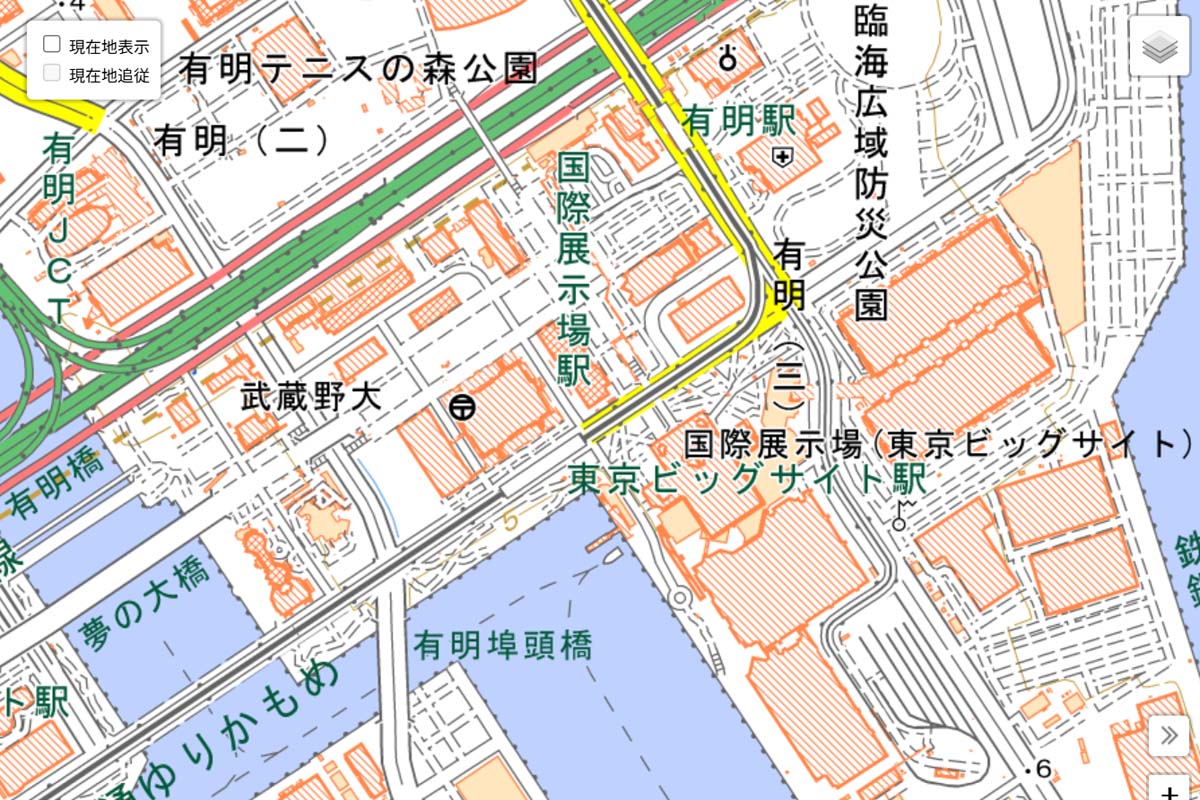 現在の「東京ビッグサイト」周辺の地図（画像：国土地理院）
