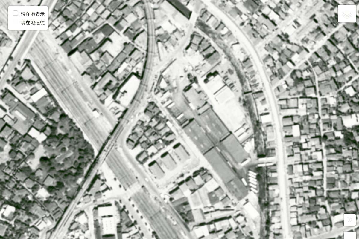 1963年頃の「渋谷営業所」周辺の航空写真（画像：国土地理院）