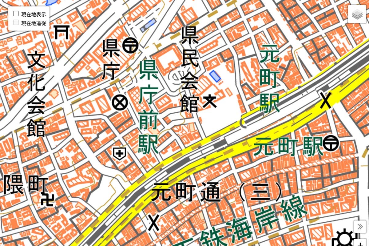 現在の「元町駅」周辺の地図（画像：国土地理院）