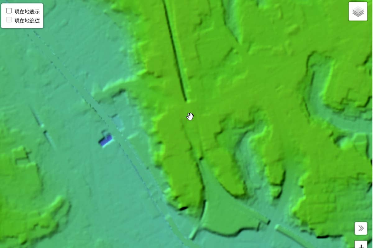 目黒駅（手のカーソル部分）周辺の地形（画像：国土地理院）