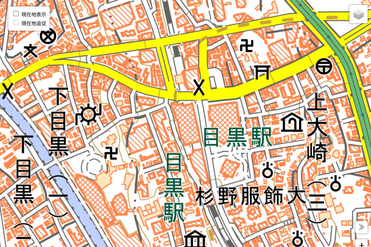 現在の「目黒駅」周辺の地図（画像：国土地理院）