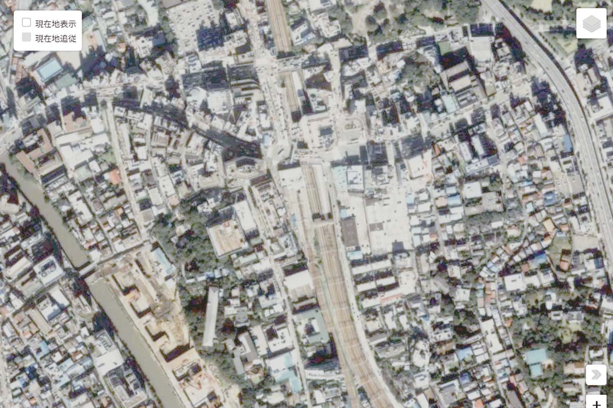 1990年頃の「目黒駅」周辺の航空写真（画像：国土地理院）