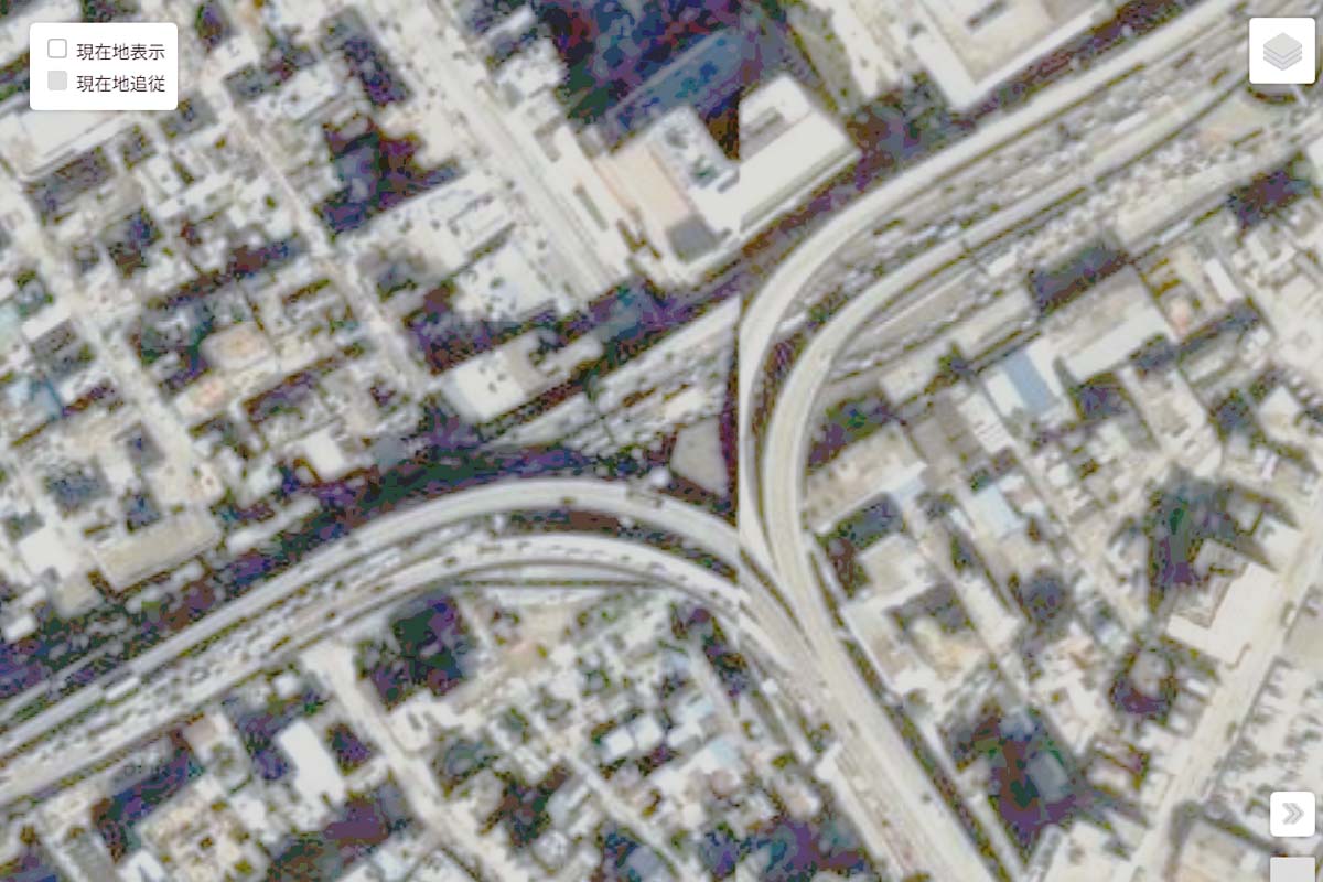 1990年頃の「箱崎JCT」周辺の航空写真（画像：国土地理院）