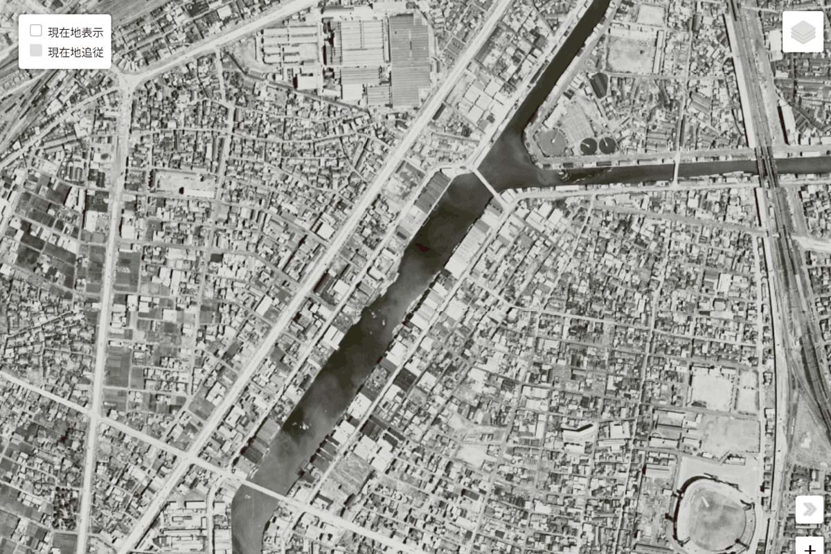 1963年頃の「中川運河」周辺の航空写真（画像：国土地理院）