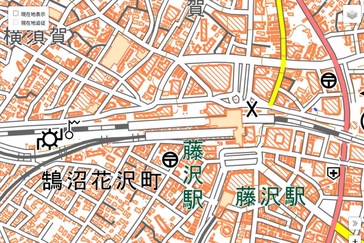 現在の「藤沢駅」周辺の地図（画像：国土地理院）