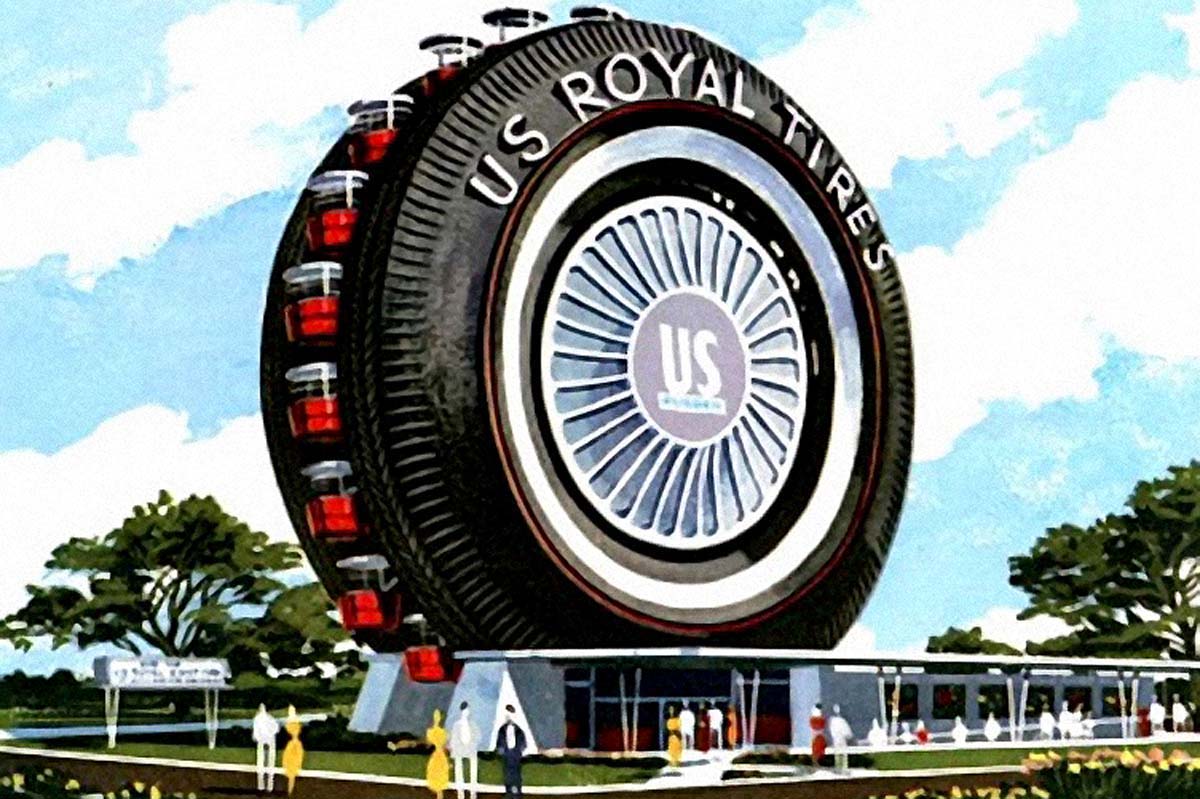 1964年ニューヨーク万国博覧会に出展された、U.S. Rubber Co（US Royal Tires）の「ジャイアントタイヤ」観覧車の水彩画。